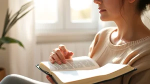Person sitting peacefully in morning sunlight near a window, holding an open Bible, serene expression, natural light streaming in, comfortable home setting, close-up of hands and book