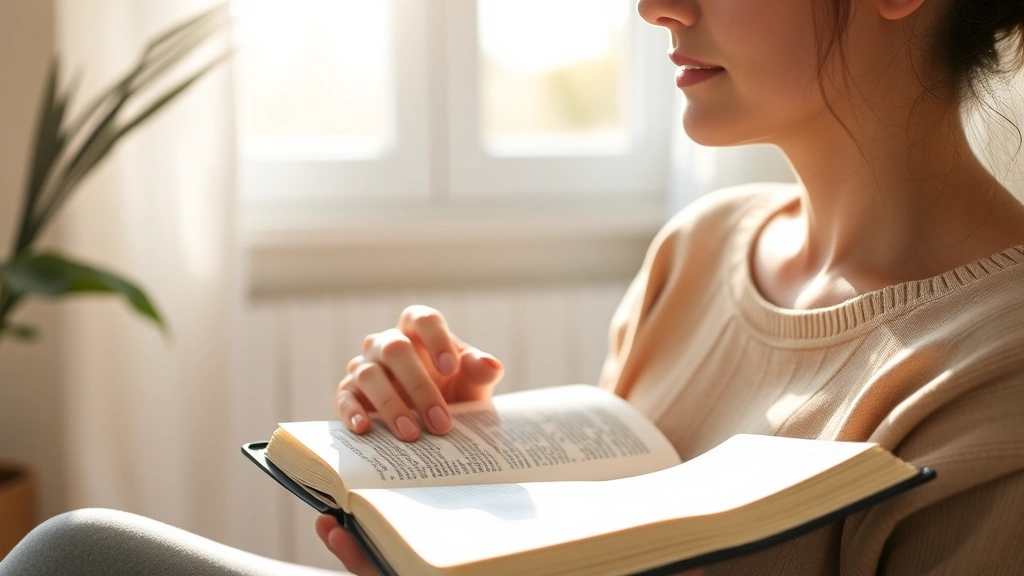 Person sitting peacefully in morning sunlight near a window, holding an open Bible, serene expression, natural light streaming in, comfortable home setting, close-up of hands and book
