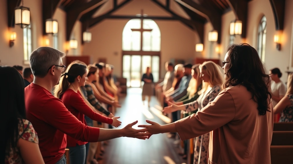 Group of diverse people in a prayer circle holding hands in a warm, welcoming church sanctuary, soft natural light, peaceful atmosphere, genuine connection and community support
