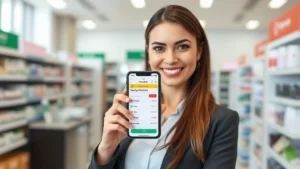 Professional woman holding smartphone showing prescription discount app interface, bright modern pharmacy interior in background, natural lighting, confident expression, healthcare technology concept
