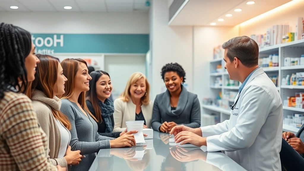 Diverse group of people at pharmacy counter receiving medications, pharmacist in white coat assisting customers, clean modern pharmacy setting, warm lighting, diverse ages and ethnicities, healthcare service