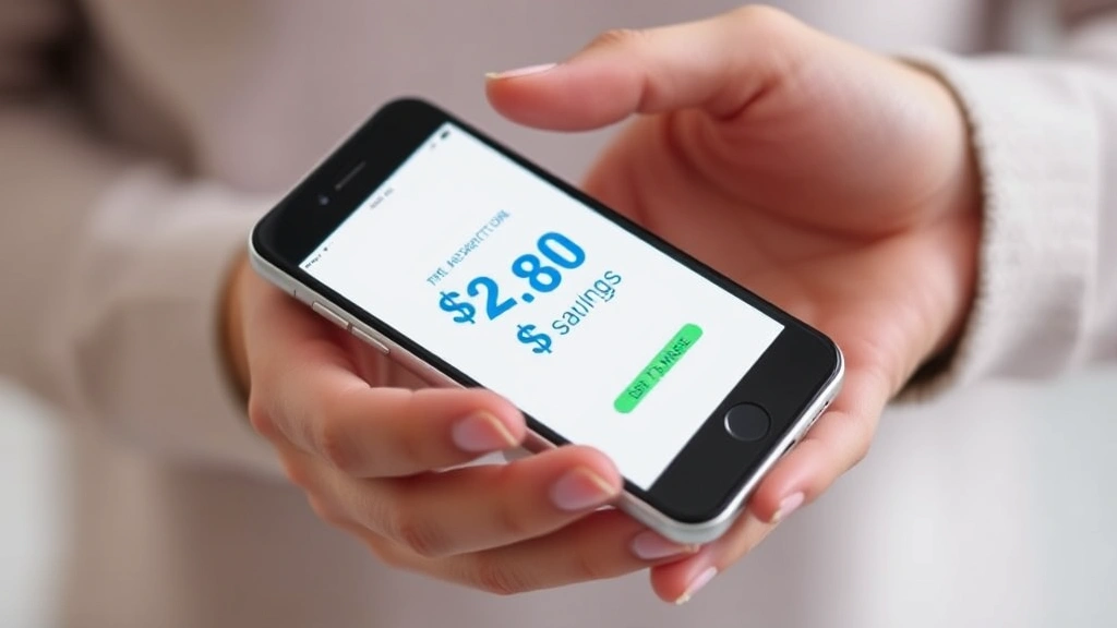 Close-up of hands holding prescription bottle and mobile phone with savings amount displayed, financial wellness concept, neutral background, professional photography, clear focus on technology and healthcare savings
