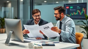 Professional financial advisor reviewing HSA documents with client at modern office desk with computer and financial charts visible in background