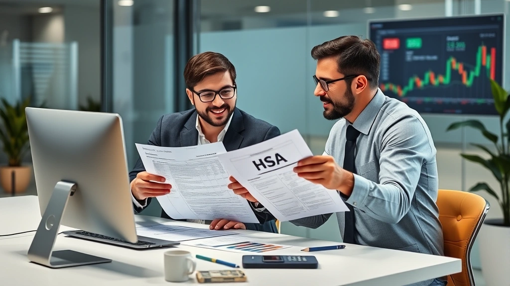 Professional financial advisor reviewing HSA documents with client at modern office desk with computer and financial charts visible in background