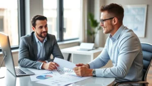 Professional financial advisor reviewing investment portfolio with client at modern desk, charts and documents visible, confident expression, natural lighting from office window