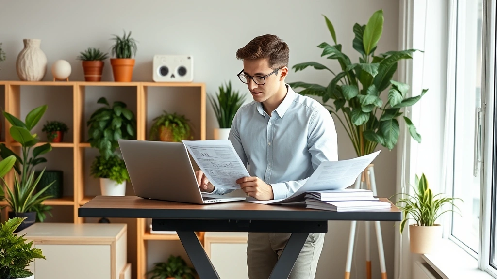 Young professional working at standing desk with laptop and financial planning documents, organized workspace with plants, focused and motivated demeanor, contemporary home office setting