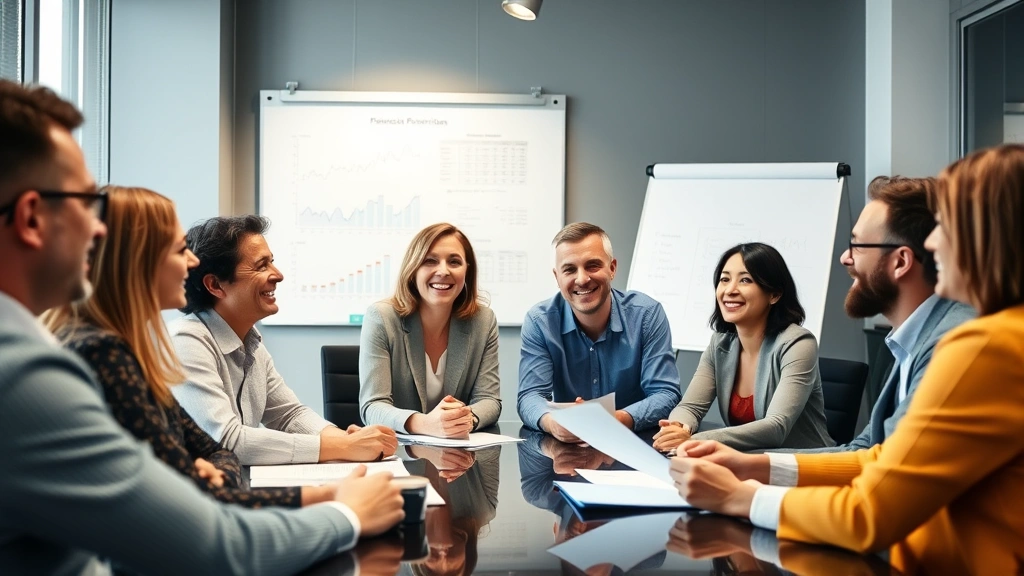 Diverse group of people in financial planning meeting discussing retirement strategy, smiling and engaged, modern conference room with charts on whiteboard in background