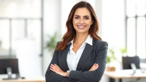 Professional woman in business attire standing confidently with perfect posture, relaxed shoulders, bright office environment with natural light, expressing wellness and competence