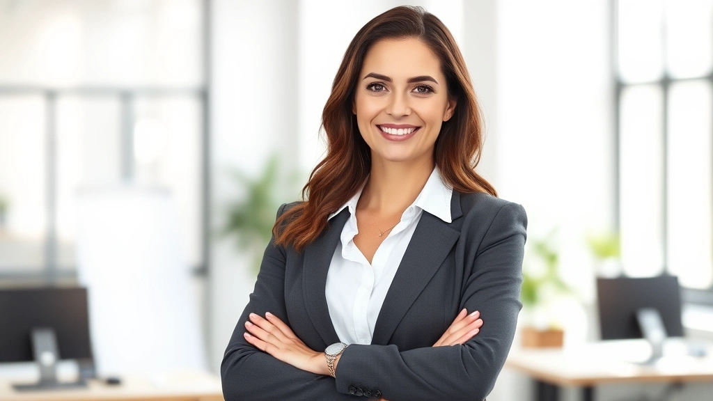 Professional woman in business attire standing confidently with perfect posture, relaxed shoulders, bright office environment with natural light, expressing wellness and competence