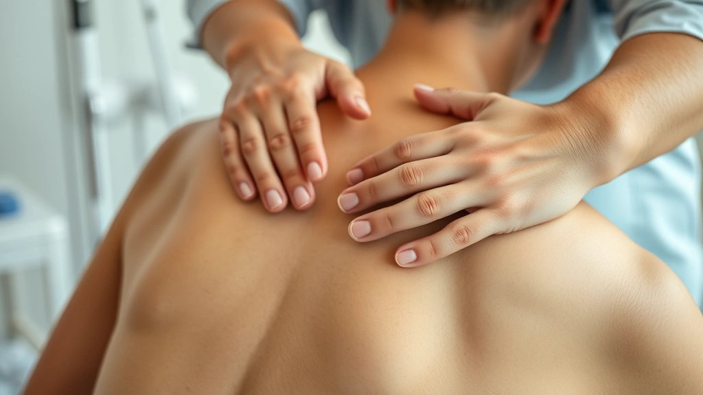 Close-up of hands performing gentle therapeutic technique on person's back muscles, warm clinical setting, professional healthcare environment, demonstrating healing touch therapy