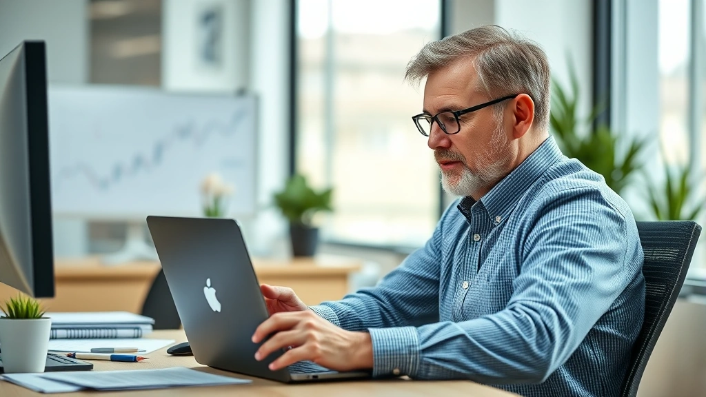 Mature professional man at desk working with focused concentration, pain-free expression, productive workspace with financial documents and laptop, representing peak performance and earnings potential