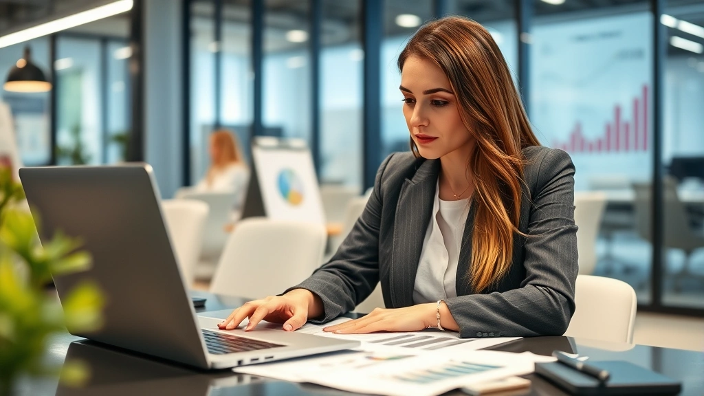 Professional woman reviewing property documents at desk with laptop, modern office environment, financial charts and graphs visible but blurred, focused on wealth building