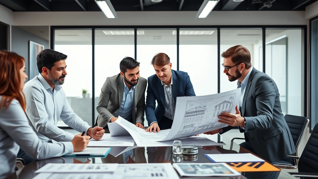 Diverse group of investors reviewing architectural blueprints at conference table, collaborative business meeting, modern office setting, no visible text on materials
