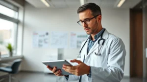 Professional healthcare consultant reviewing digital health platform on tablet in modern medical office, wearing white coat, analyzing data with focused expression, bright natural lighting, contemporary workspace with medical charts visible