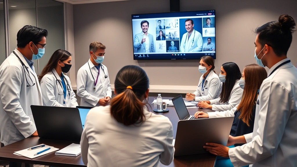 Diverse group of healthcare professionals in telemedicine conference discussing patient care technology, doctors and nurses collaborating with laptop and digital displays, collaborative meeting room atmosphere, professional medical environment