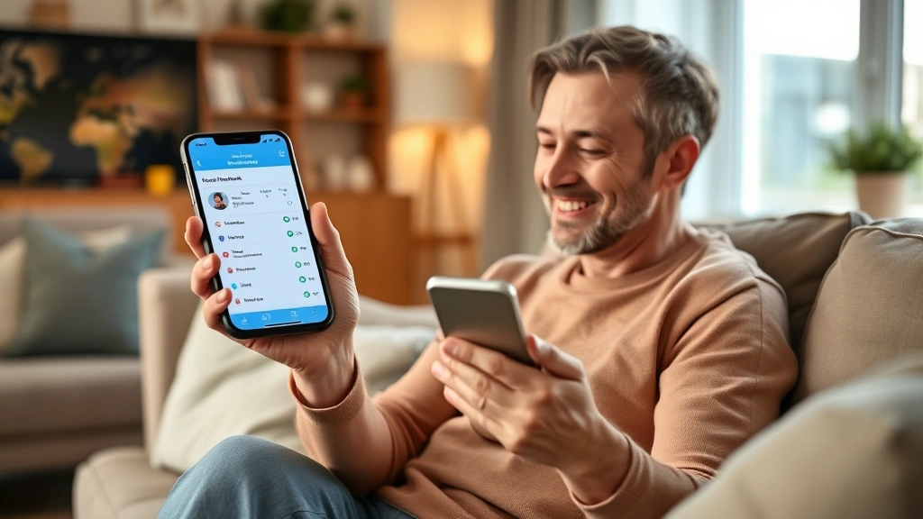 Patient using healthcare app on smartphone while relaxed at home, checking appointment schedule and medical records, modern living room setting, warm lighting, satisfied expression, digital health accessibility