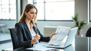 Professional woman in business attire reviewing financial documents and charts at modern office desk with laptop, confident and focused expression, natural lighting