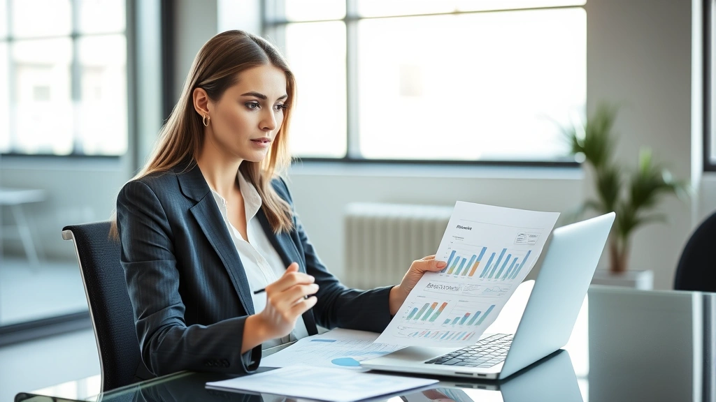 Professional woman in business attire reviewing financial documents and charts at modern office desk with laptop, confident and focused expression, natural lighting