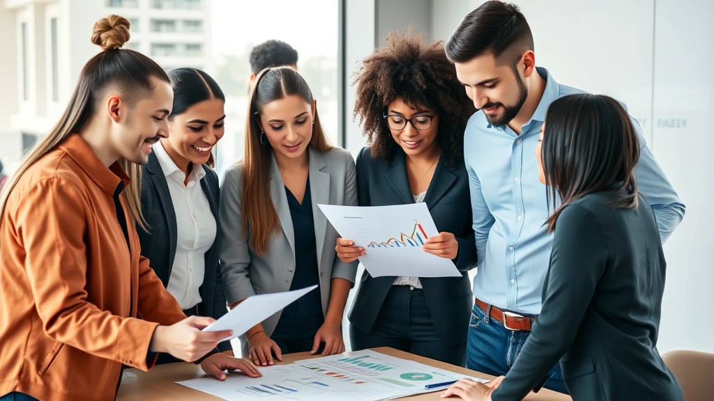 Diverse group of young professionals in casual business wear having a mentoring or planning meeting, reviewing growth charts and goals together, collaborative atmosphere