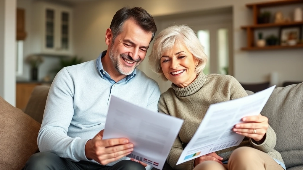 Successful middle-aged couple reviewing retirement and investment portfolio documents at home, smiling with sense of accomplishment and financial security, warm home setting