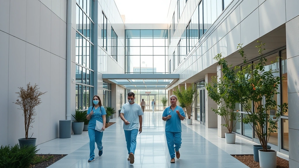 Professional healthcare facility exterior with modern architecture, medical professionals in scrubs walking through clinical corridors, natural lighting emphasizing professional environment, patient care in progress, welcoming healthcare setting