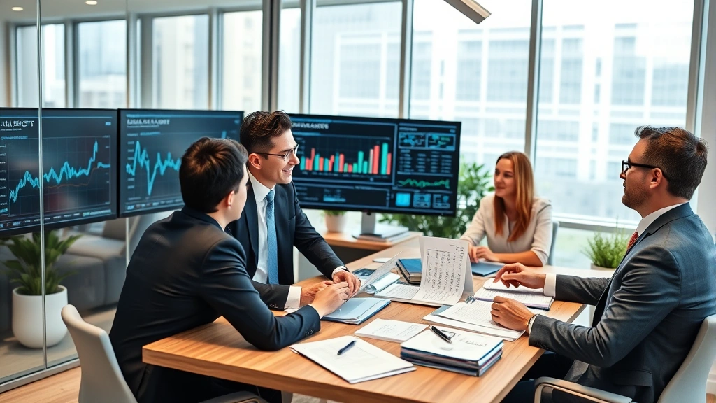 Diverse financial advisors and investment professionals in modern office reviewing healthcare sector data on monitors, analyzing investment documents, discussing portfolio strategies, professional wealth management setting