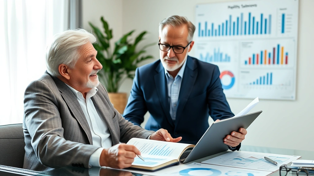 Affluent investor reviewing diversified portfolio including healthcare sector allocations, examining financial statements and healthcare facility performance metrics, strategic planning environment with charts and analysis materials visible