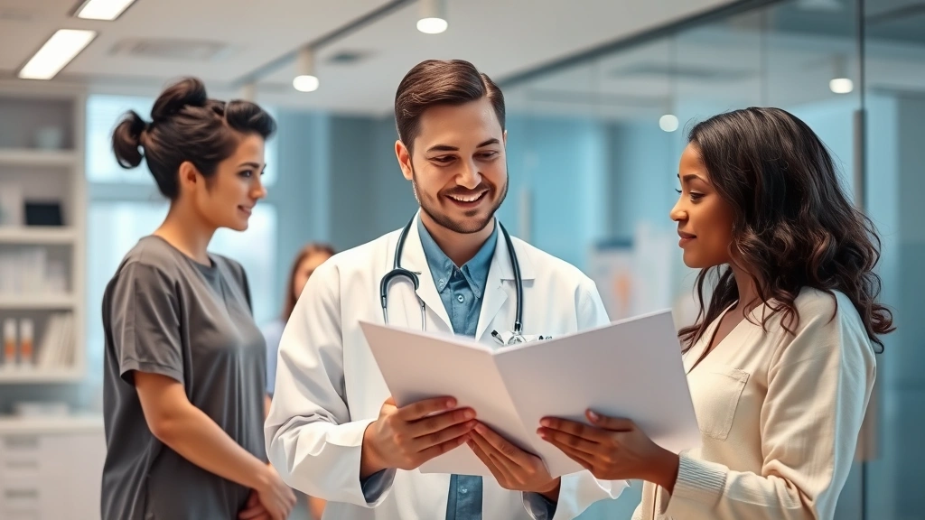 Professional healthcare worker reviewing medical records in modern clinic environment, warm lighting, diverse patient consultation, clinical but welcoming atmosphere