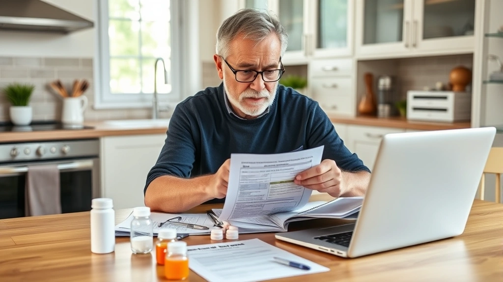 Middle-aged person reviewing prescription medications and health documents at kitchen table with laptop, organized wellness planning materials, natural daylight, calm focused expression