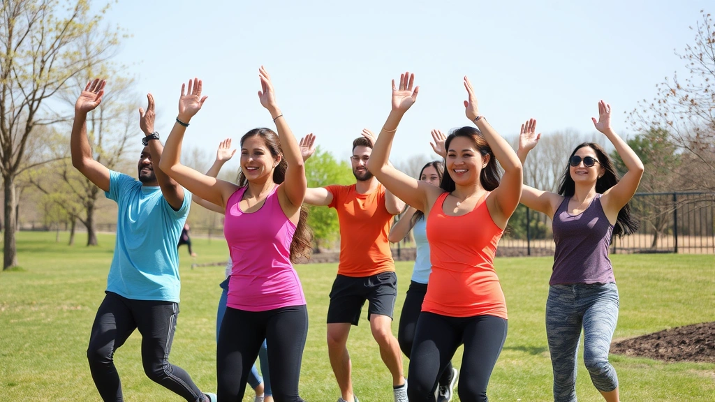 Diverse group participating in outdoor fitness activity in park setting, active wellness engagement, healthy lifestyle demonstration, natural landscape background, energetic positive atmosphere