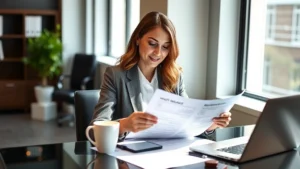 Professional woman in business attire reviewing health insurance documents at a modern desk with a laptop and coffee cup, natural lighting from office window, confident expression analyzing coverage options