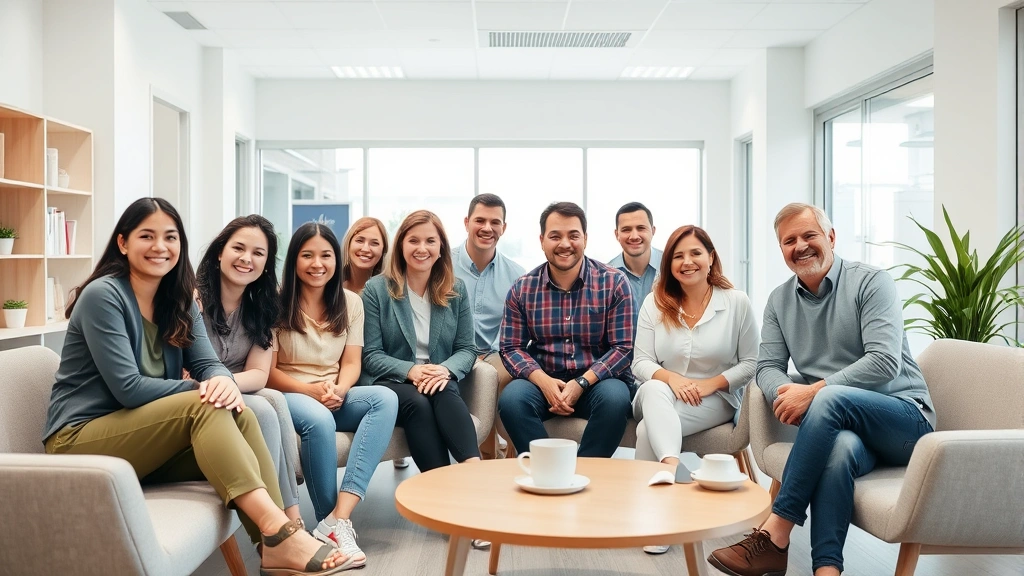 Diverse group of healthy adults in a bright clinic waiting room, smiling and relaxed, modern medical office setting with contemporary furniture, wellness-focused environment conveying accessible healthcare