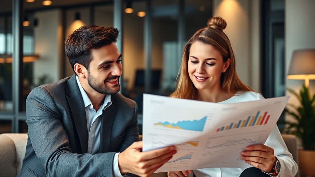 Professional wealth advisor reviewing financial charts with client in modern office setting, warm lighting, confident expressions