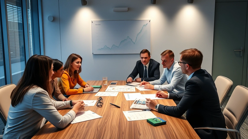 Diverse group of professionals discussing investment strategy around conference table with growth charts visible