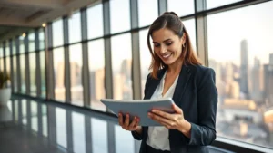 Prosperous professional woman reviewing investment portfolio on tablet in modern office with city skyline visible through floor-to-ceiling windows, confident expression, warm natural lighting