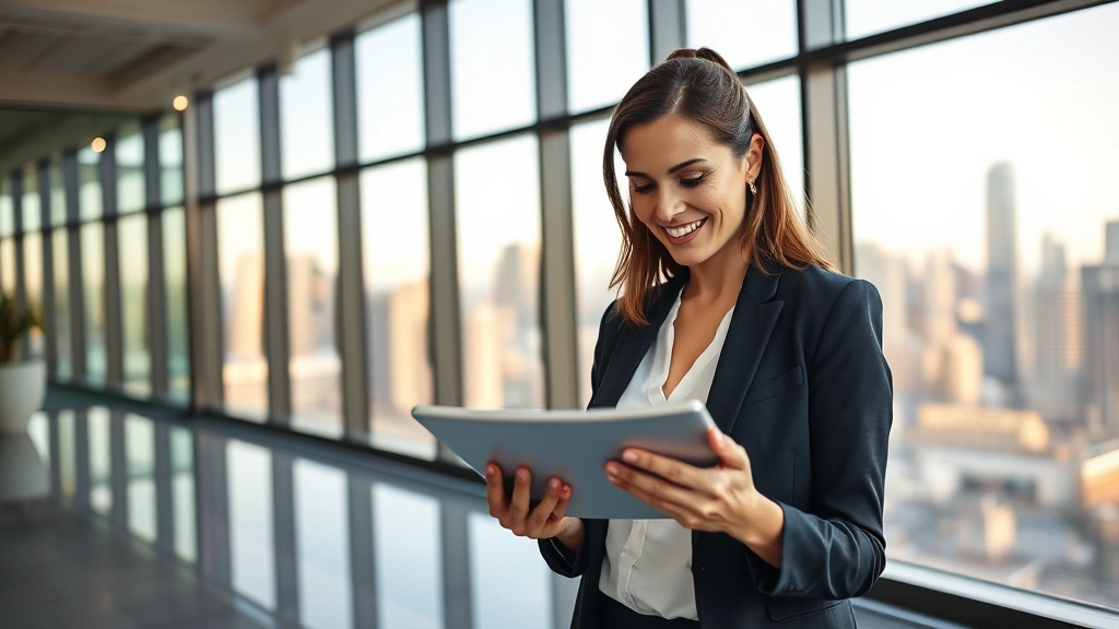 Prosperous professional woman reviewing investment portfolio on tablet in modern office with city skyline visible through floor-to-ceiling windows, confident expression, warm natural lighting