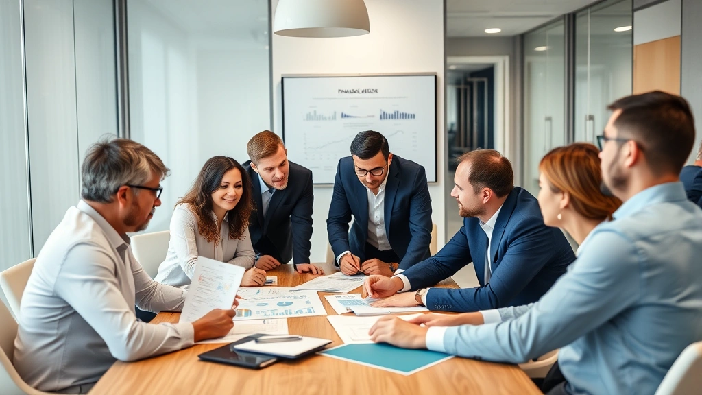 Diverse group of financial advisors and wealth consultants in collaborative meeting room discussing charts and strategies, modern minimalist design, professional attire, focused engagement