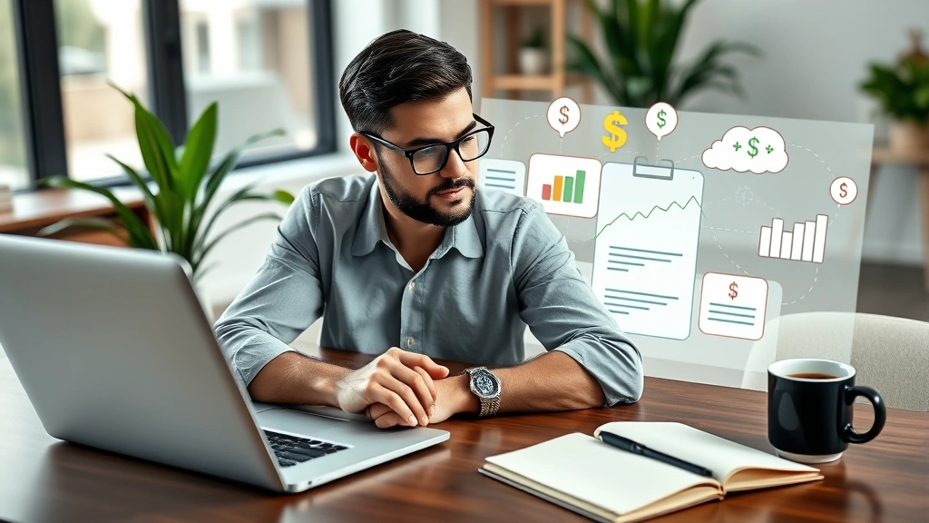 Successful entrepreneur reviewing multiple income streams on laptop screen surrounded by symbols of wealth creation: plant, coffee, notebook, modern home office environment