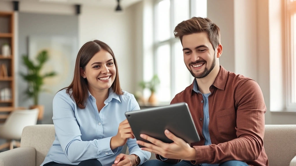 Professional financial advisor meeting with young client in modern office, reviewing investment portfolio on tablet, natural lighting, warm professional atmosphere, both smiling confidently