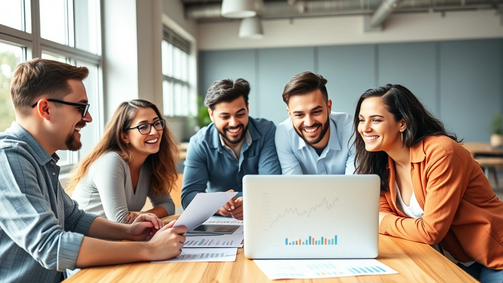 Diverse group of young professionals in casual workplace environment, collaborating on laptop with financial charts visible on desk, natural daylight from windows, energetic and motivated mood