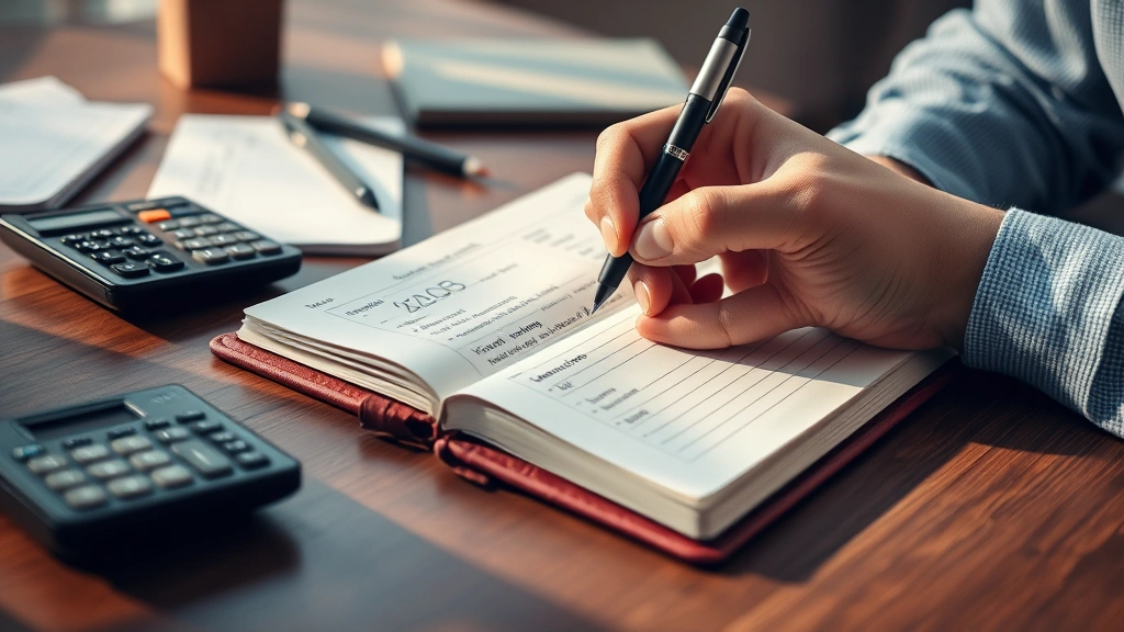Close-up of hands writing financial goals and targets in leather journal with calculator and pen nearby, minimalist desk setup, warm afternoon lighting, focused determination evident