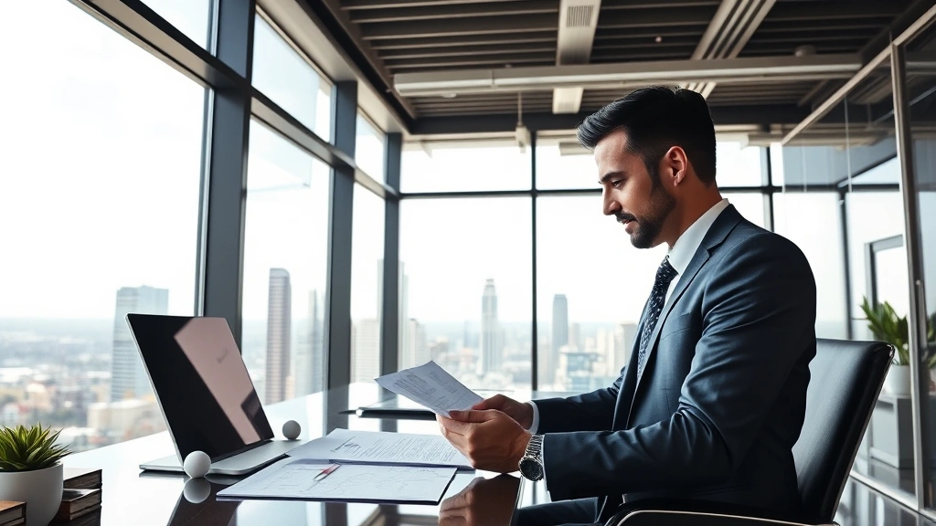 Affluent investor in business attire reviewing property documents at modern desk with city skyline visible through floor-to-ceiling windows, natural sunlight, professional workspace