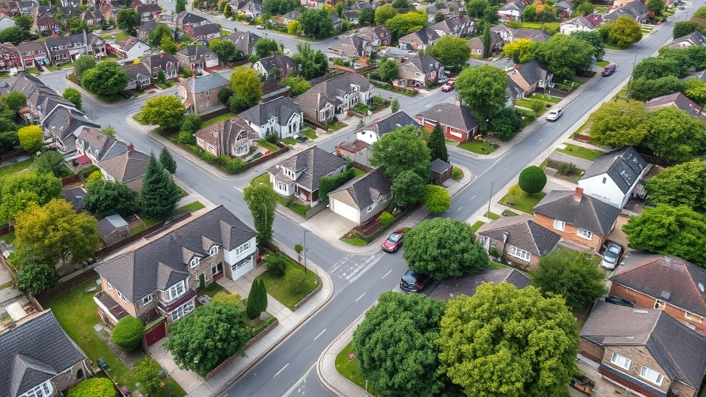 Aerial view of diverse residential neighborhood with well-maintained homes, tree-lined streets, and community amenities, representing safe real estate market fundamentals
