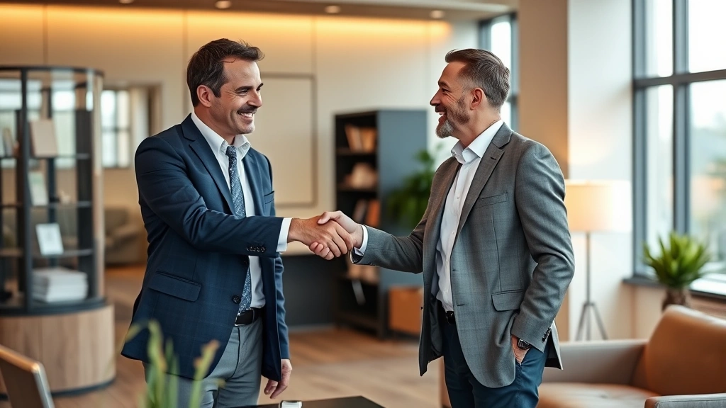 Financial advisor and client shaking hands in modern office setting after reviewing real estate investment portfolio analysis, warm lighting, professional atmosphere
