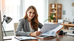 Professional woman reviewing financial documents and investment portfolio at home office desk, surrounded by charts and calculator, morning natural light, confident expression