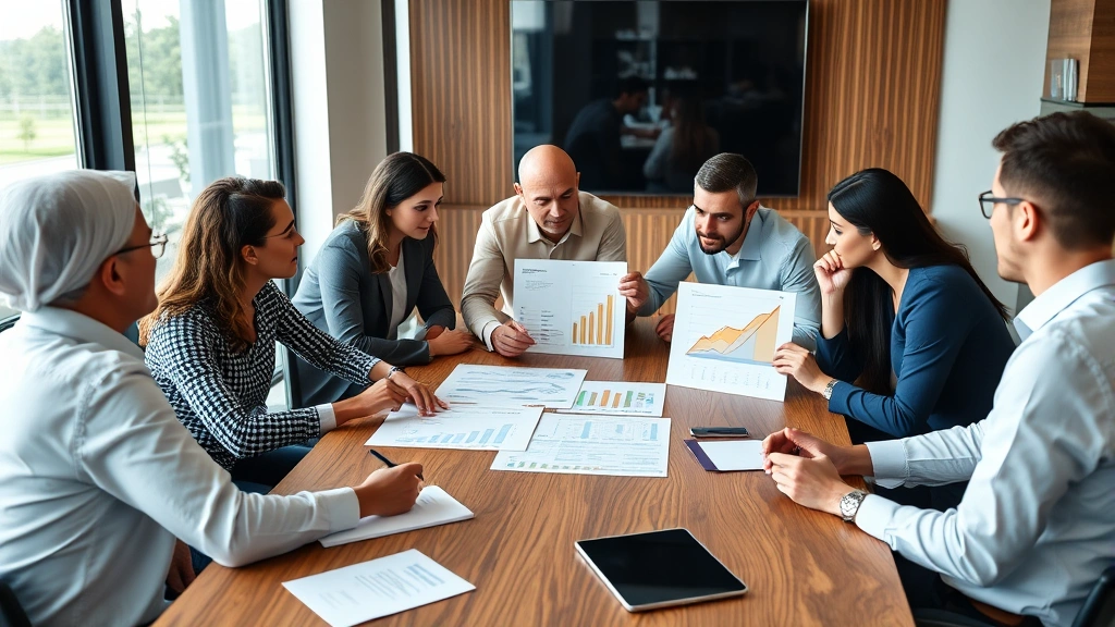 Diverse group of people in modern financial advisory meeting, reviewing growth charts and discussing investment strategies around wooden conference table, collaborative atmosphere