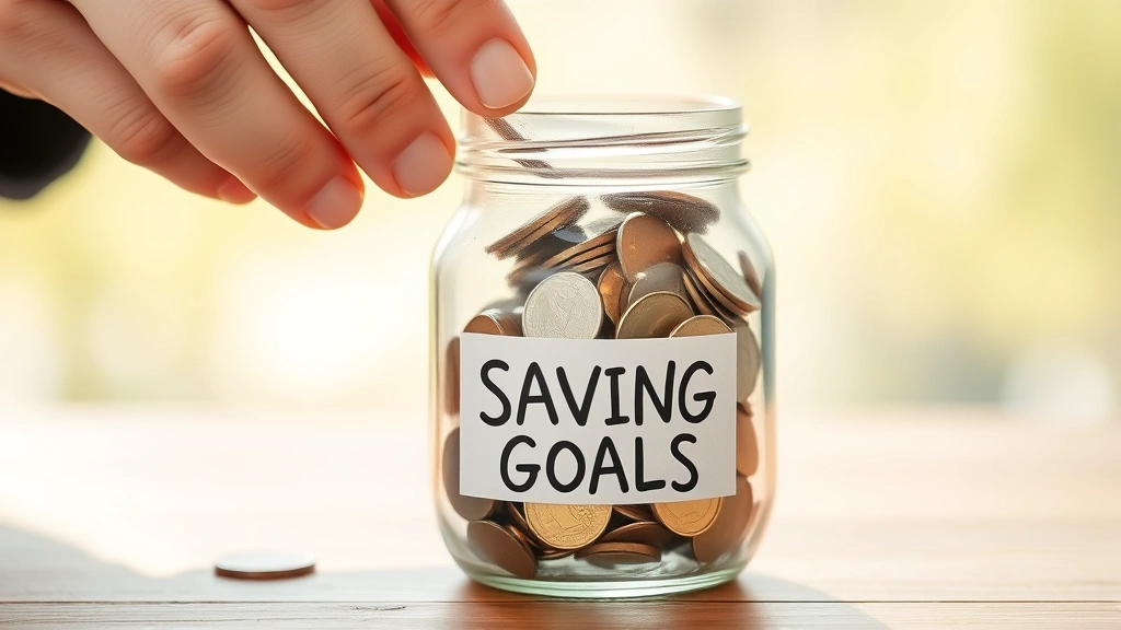 Close-up of hands placing coins into clear glass jar labeled with savings goals, representing long-term wealth accumulation and compound growth, bright natural lighting
