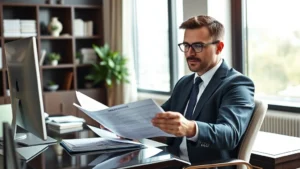 Professional middle-aged man in business attire reviewing financial documents at an elegant desk with a computer, natural window lighting, modern office setting, confident expression focused on wealth building