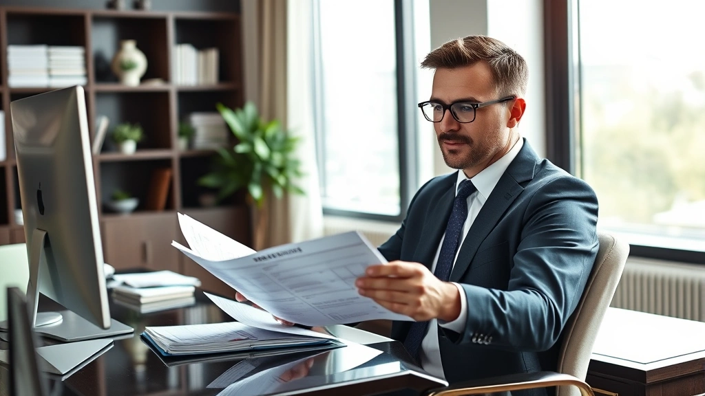 Professional middle-aged man in business attire reviewing financial documents at an elegant desk with a computer, natural window lighting, modern office setting, confident expression focused on wealth building