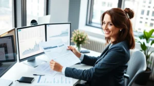 A professional woman reviewing financial documents and investment charts at a modern desk with multiple monitors, confident expression, natural lighting from office windows, wearing business attire